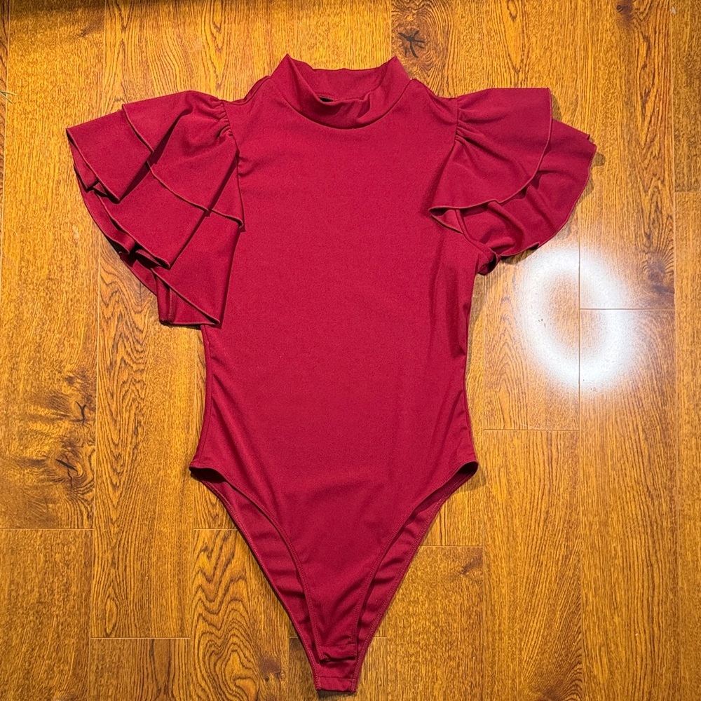 SHEIN Deep Red Layered Sleeve Bodysuit